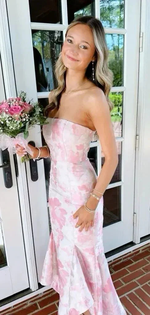 Doce rosa cetim estampa floral vestido de noite sereia vestido de baile Y7828
