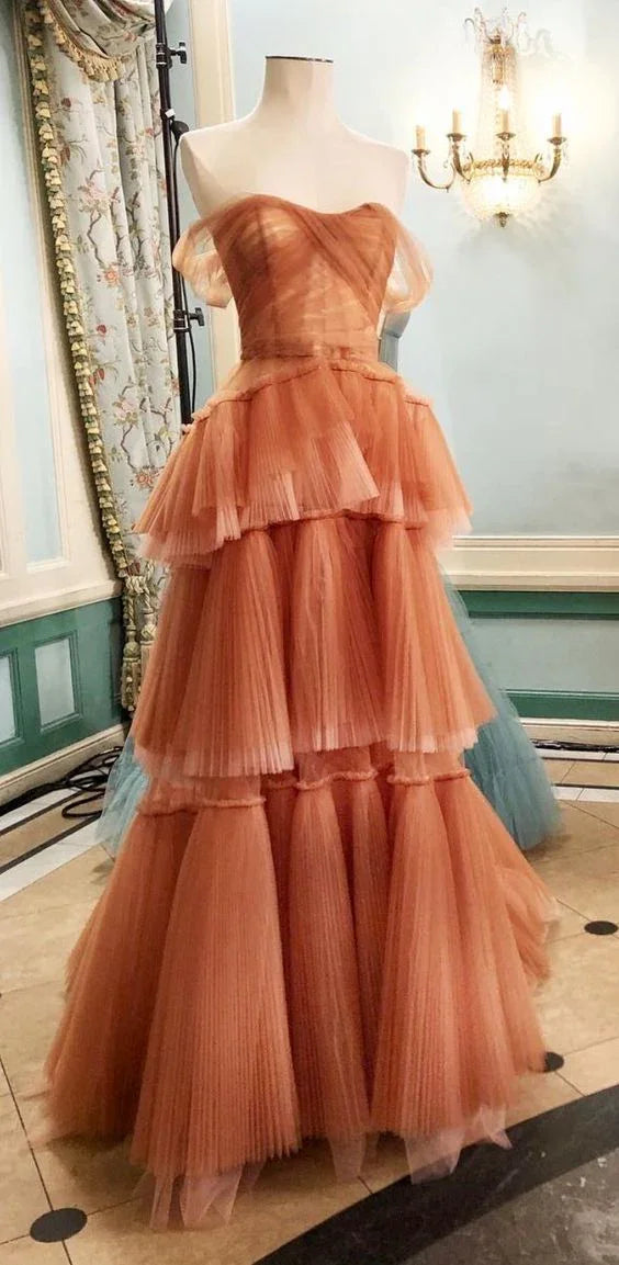 Schulterfreies langes Ballkleid aus Tüll mit Stufenrock, A-Linien-Abendkleid Y1897