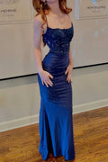 Vestido de Festa Azul Cetim com Alças Finas, Apliques de Lantejoulas, Modelo Sereia Y8147