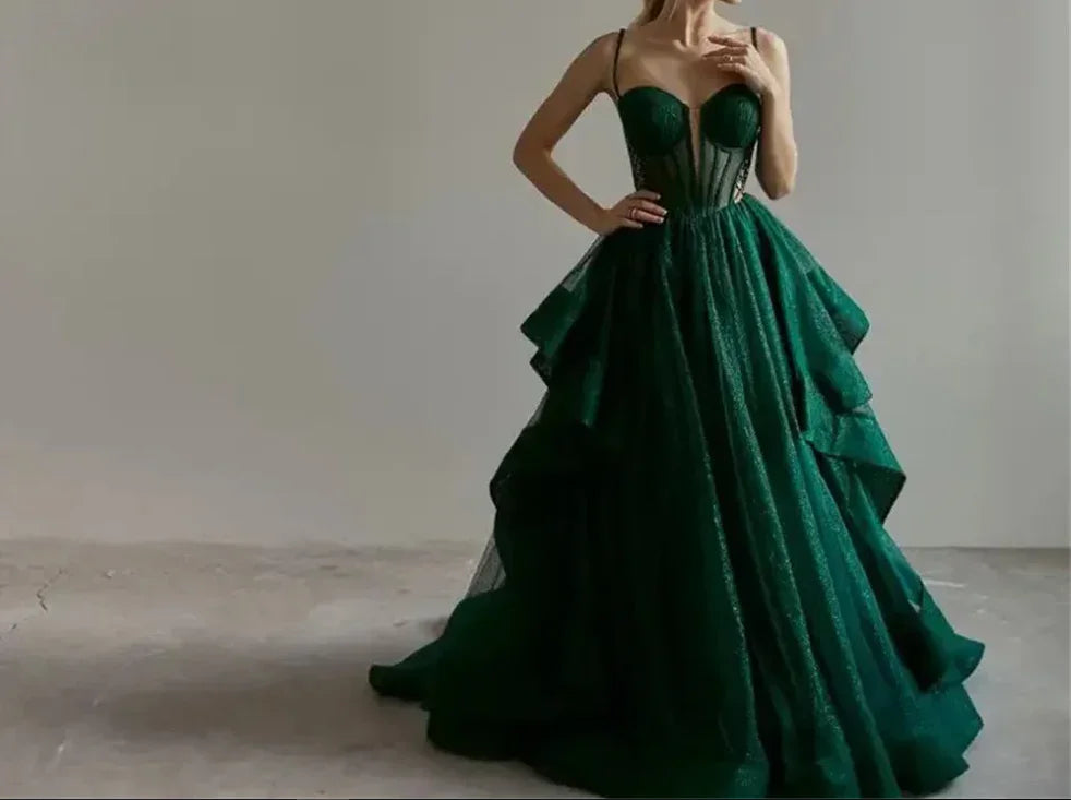 Vestido de Noite Brilhante Verde Corpete Vestido de Noite em Linha A Y6339