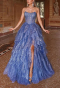 Vestido de Festa Azul Fairy em Tule com Contas, Sem Alças, Corte em A com Fenda, Vestido de Baile Y7960