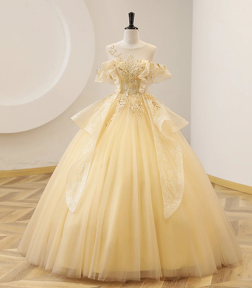 Vestido Amarelo de Baile com Contas, Vestido Doce 16 Amarelo Longo Formal Y4045