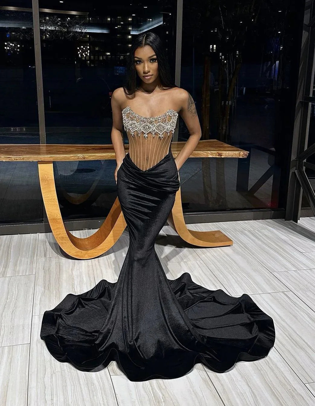Vestido de noche negro de sirena sensual, vestido de concurso negro Y4197