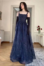 Azul marinho linha a renda apliques vestido de baile elegante vestido de noite y7830