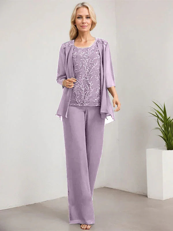 Mono/Pantalón Separado con Escote Redondo, Largo hasta el Suelo, de Encaje y Gasa, Vestido de Madre de la Novia con Lentejuelas