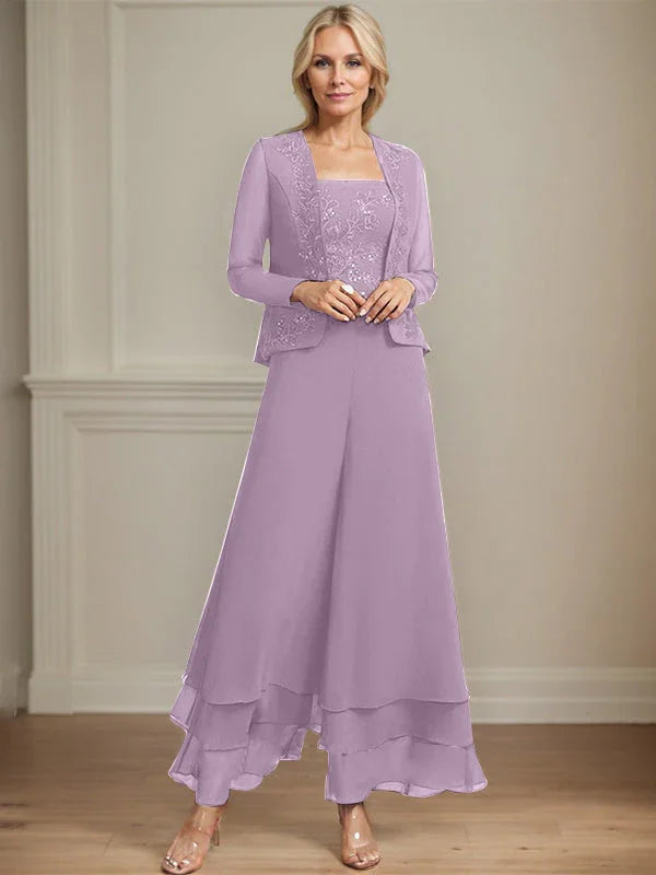 Getrennter Overall/Hosenanzug mit quadratischem Ausschnitt, knöchellang, aus Spitzenchiffon, Brautmutterkleid mit Pailletten