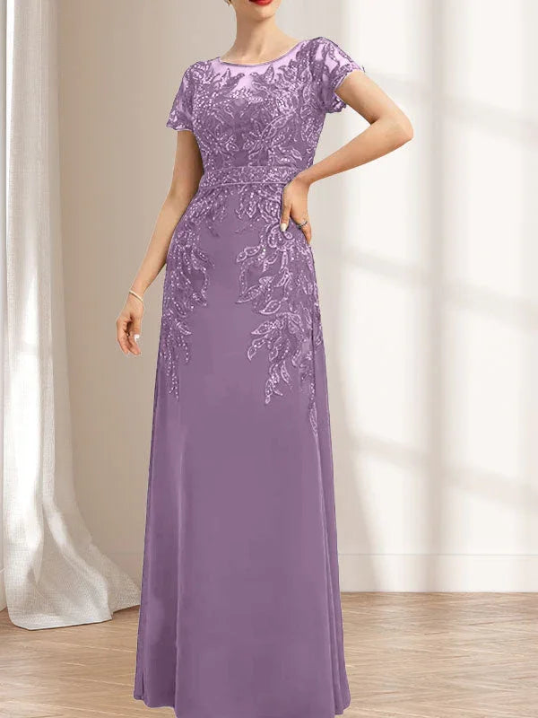 Vestido de madrina de novia con ilusión, corte columna y fajín, largo hasta el suelo, de encaje y gasa con lentejuelas