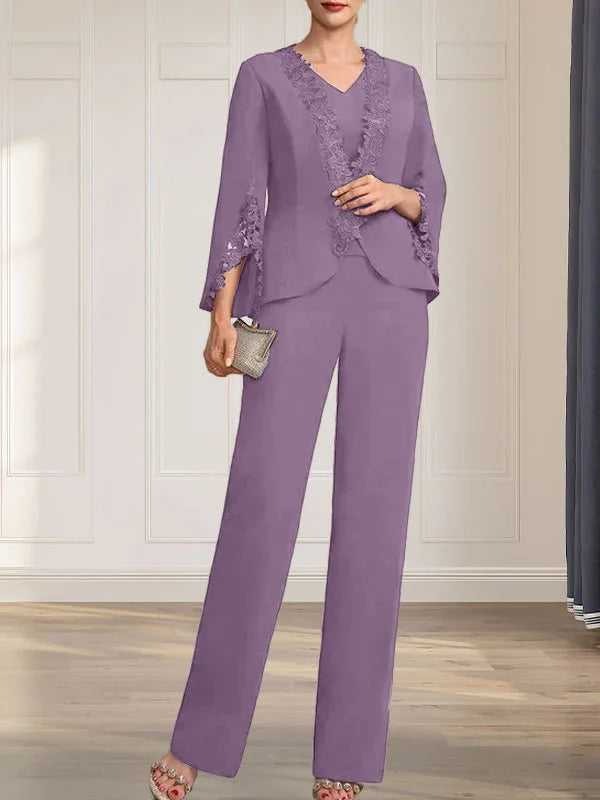 Getrennte Overall/Hosenanzug V-Ausschnitt bodenlanger Chiffon Brautmutterkleid