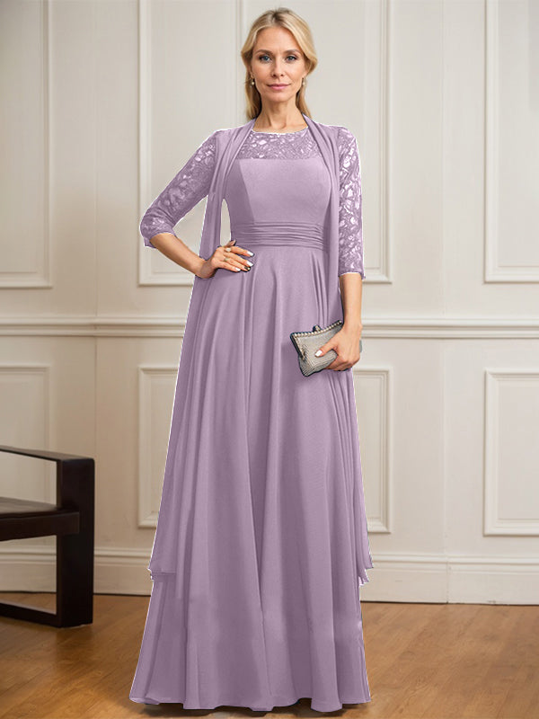 A-line Scoop Illusion Floor-Length Lace Chiffon Mother of the Bride Dress With Pleated