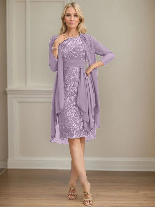 Etui/Säulenförmiges Kleid mit Illusion, knielang, aus Spitze und Chiffon, Brautmutterkleid mit herabfließenden Rüschen und Pailletten