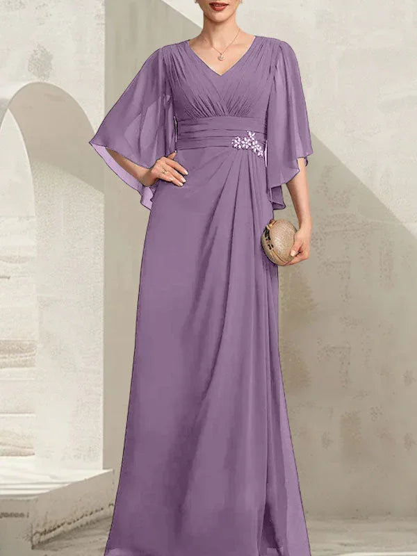 Vestido de madrina de novia de gasa largo hasta el suelo, corte columna y escote en V, con lentejuelas plisadas y abalorios