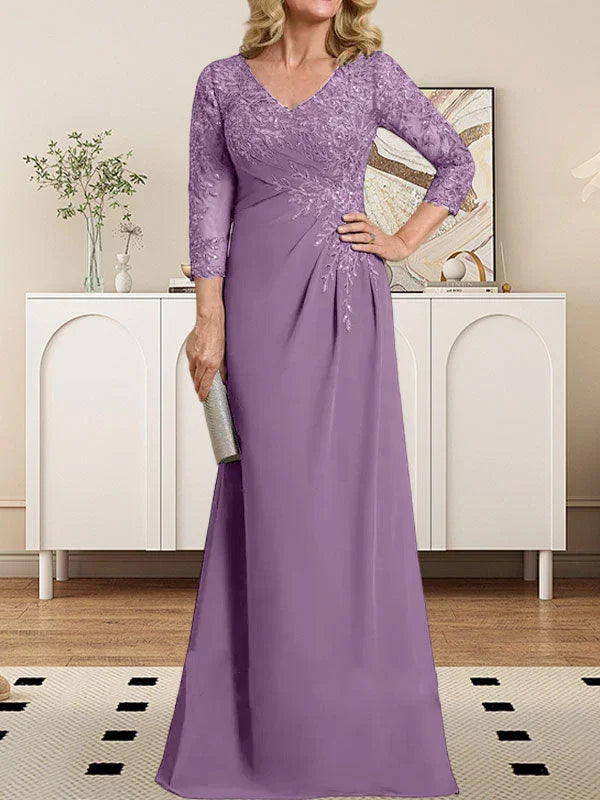 Vestido de madrina de novia con escote en V ilusión, corte columna, largo hasta el suelo, de encaje y gasa con lentejuelas plisadas