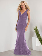 A-line V-Neck Floor-Length Lace Chiffon Mother of the Bride Dress With Applique Sequins Mermaid Dresses