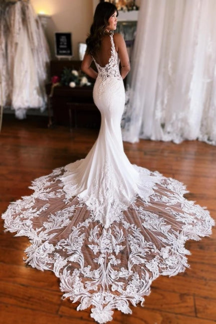 Robes de mariée en dentelle sans manches à encolure en V, longues jusqu'au sol, avec applications, modèle Sirène Fabuleuse