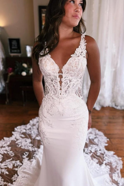 Robes de mariée en dentelle sans manches à encolure en V, longues jusqu'au sol, avec applications, modèle Sirène Fabuleuse