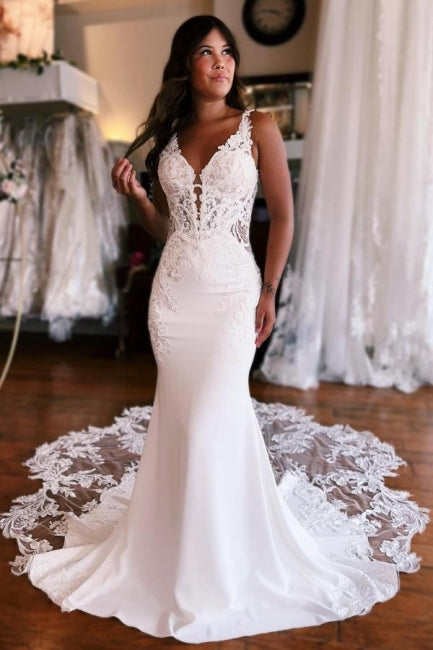 Robes de mariée en dentelle sans manches à encolure en V, longues jusqu'au sol, avec applications, modèle Sirène Fabuleuse