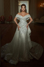 Robe de mariée sirène longue jusqu'au sol, décolletée en V, sans manches, ligne A, ornée de paillettes et de volants