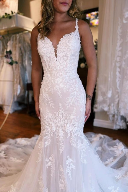 Vestidos de Noiva de Tule com Alças Finas, Decote Coração e Aplicações, Comprimento Até ao Chão, Estilo Sereia