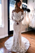 Robe de Mariée Élégante à Manches Longues en Dentelle Sirène