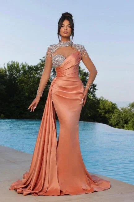 Mermaid Orange Floor-Length High Neck Sweetheart Long Sleeve Prom Dresses with Beadings