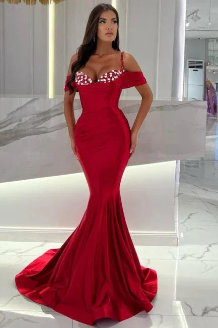 Vestidos de baile de comprimento até ao chão, estilo sereia, com alças finas vermelhas, decote coração, ombros descobertos e folhos
