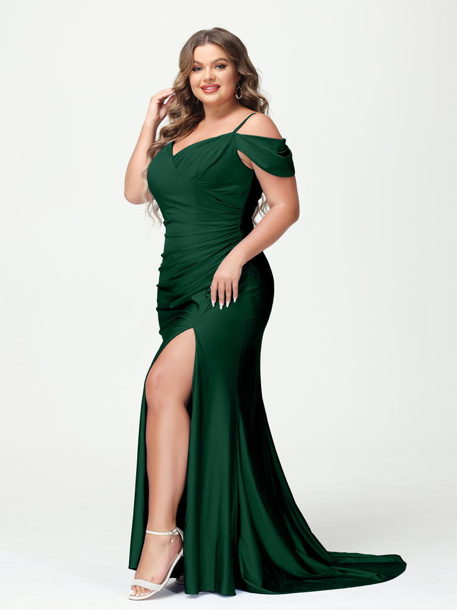 Mermaid Spaghetti Straps V Neck Short Sleeves Plus Size Maxi Dresses Split Side