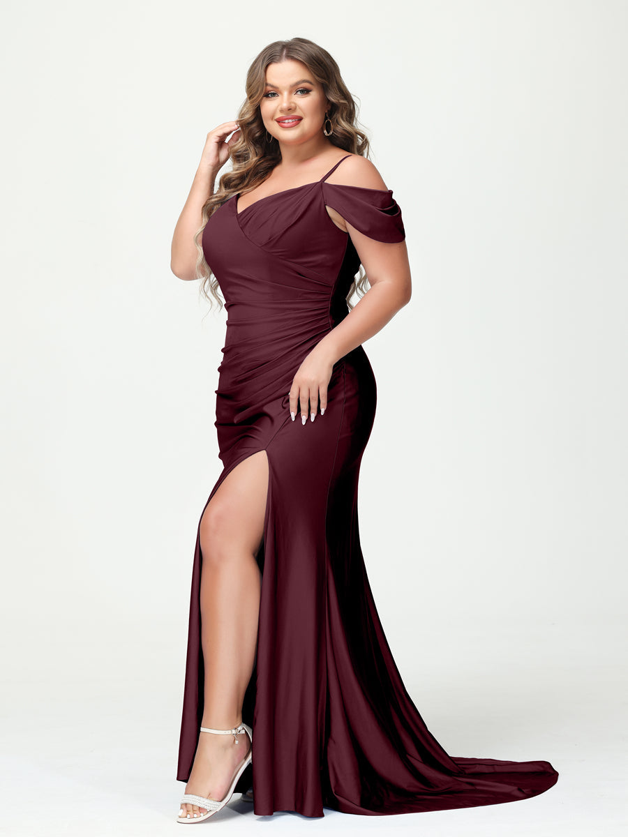 Mermaid Spaghetti Straps V Neck Short Sleeves Plus Size Maxi Dresses Split Side