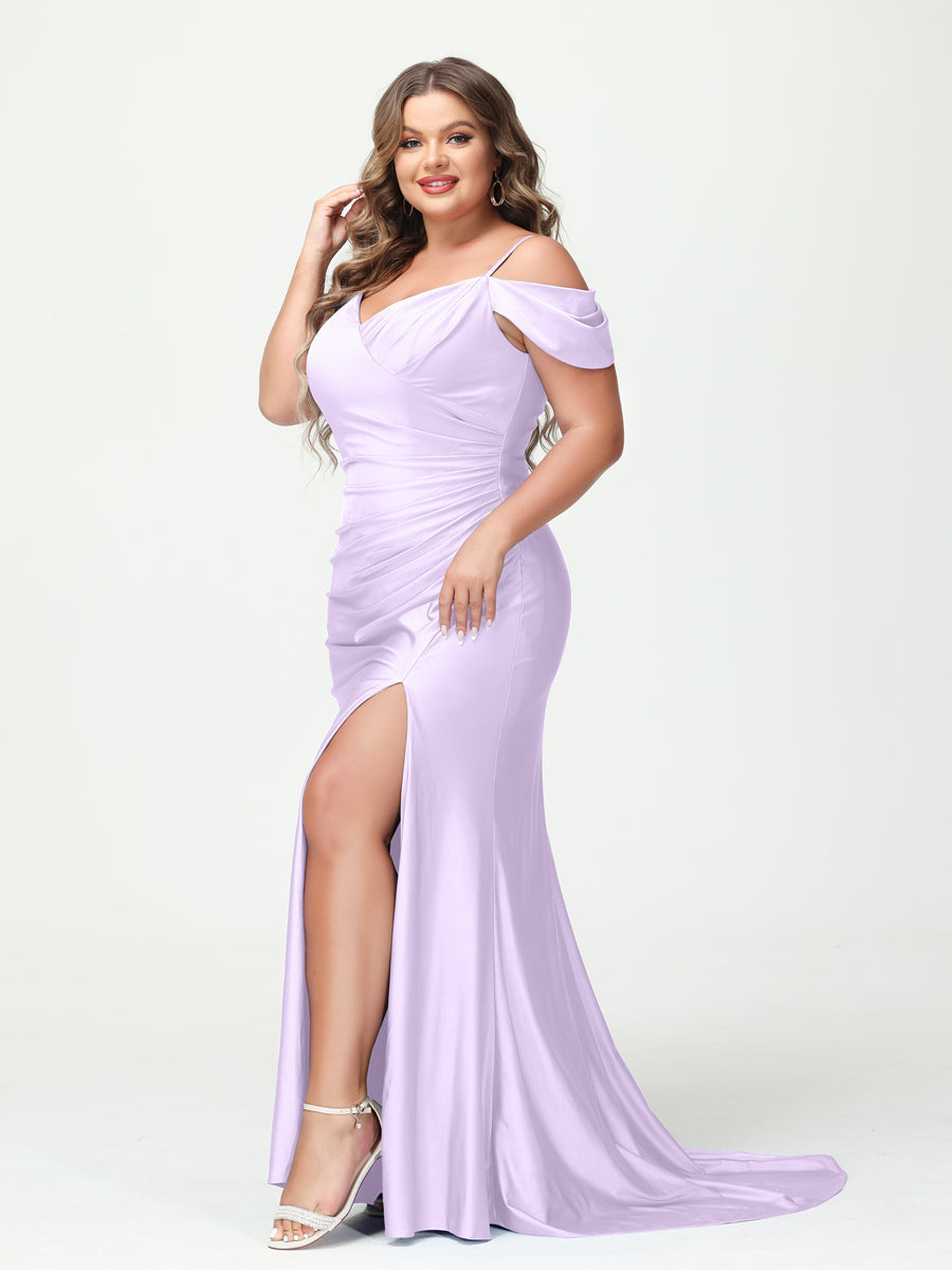 Mermaid Spaghetti Straps V Neck Short Sleeves Plus Size Maxi Dresses Split Side