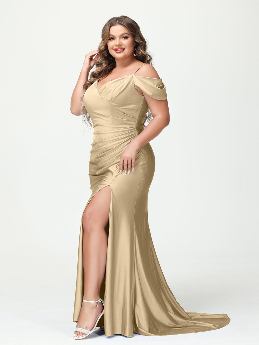 Mermaid Spaghetti Straps V Neck Short Sleeves Plus Size Maxi Dresses Split Side