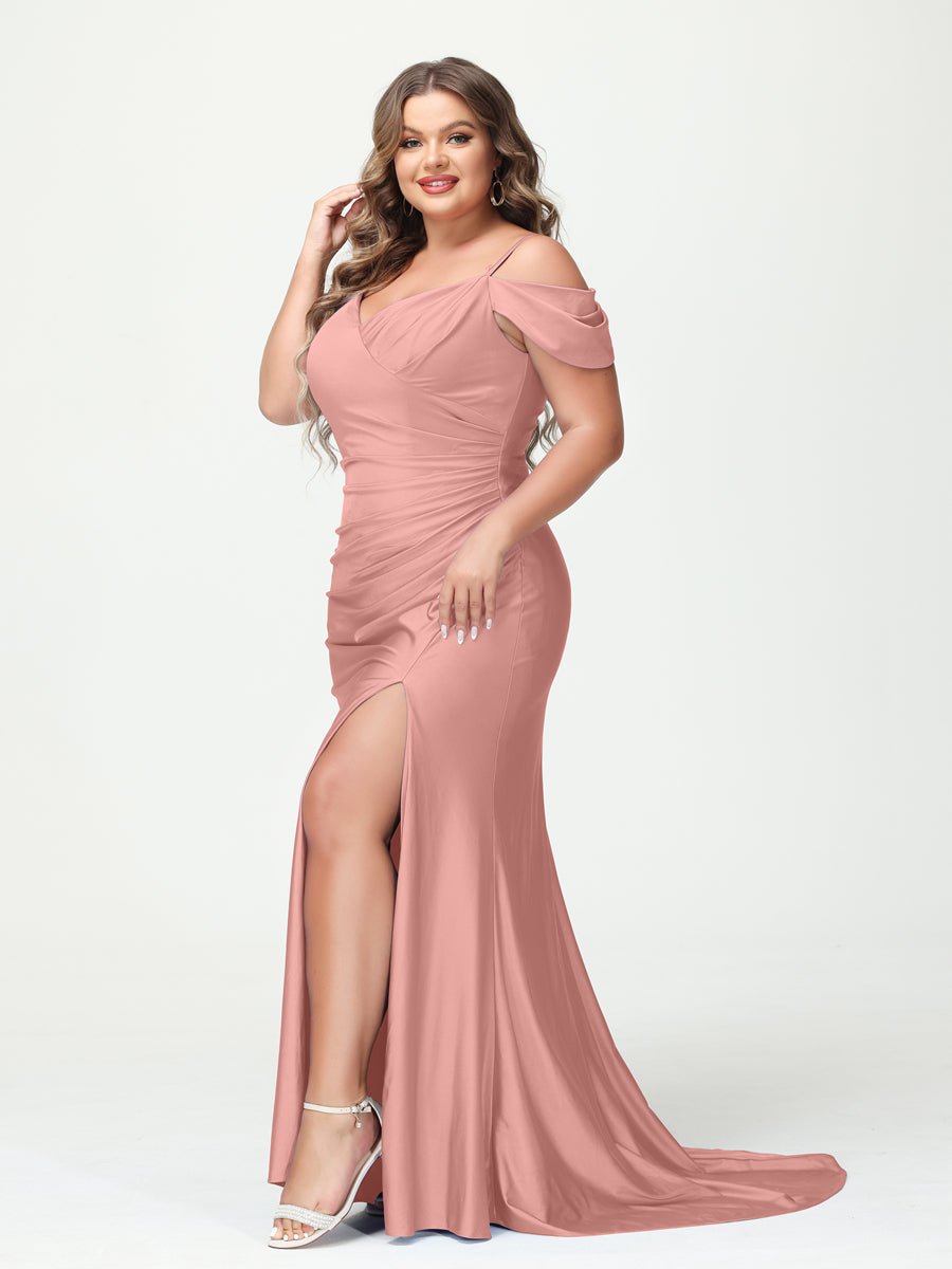 Mermaid Spaghetti Straps V Neck Short Sleeves Plus Size Maxi Dresses Split Side