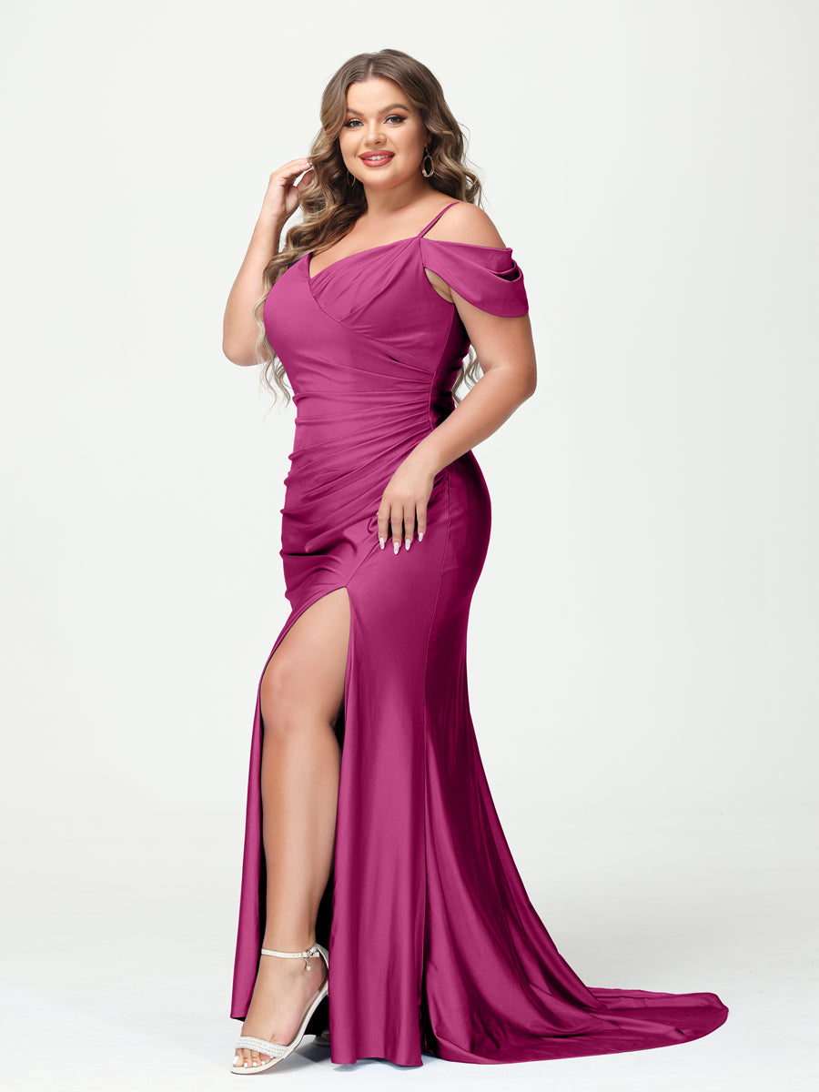 Mermaid Spaghetti Straps V Neck Short Sleeves Plus Size Maxi Dresses Split Side
