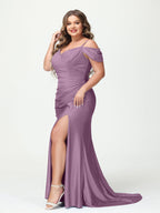 Mermaid Spaghetti Straps V Neck Short Sleeves Plus Size Maxi Dresses Split Side