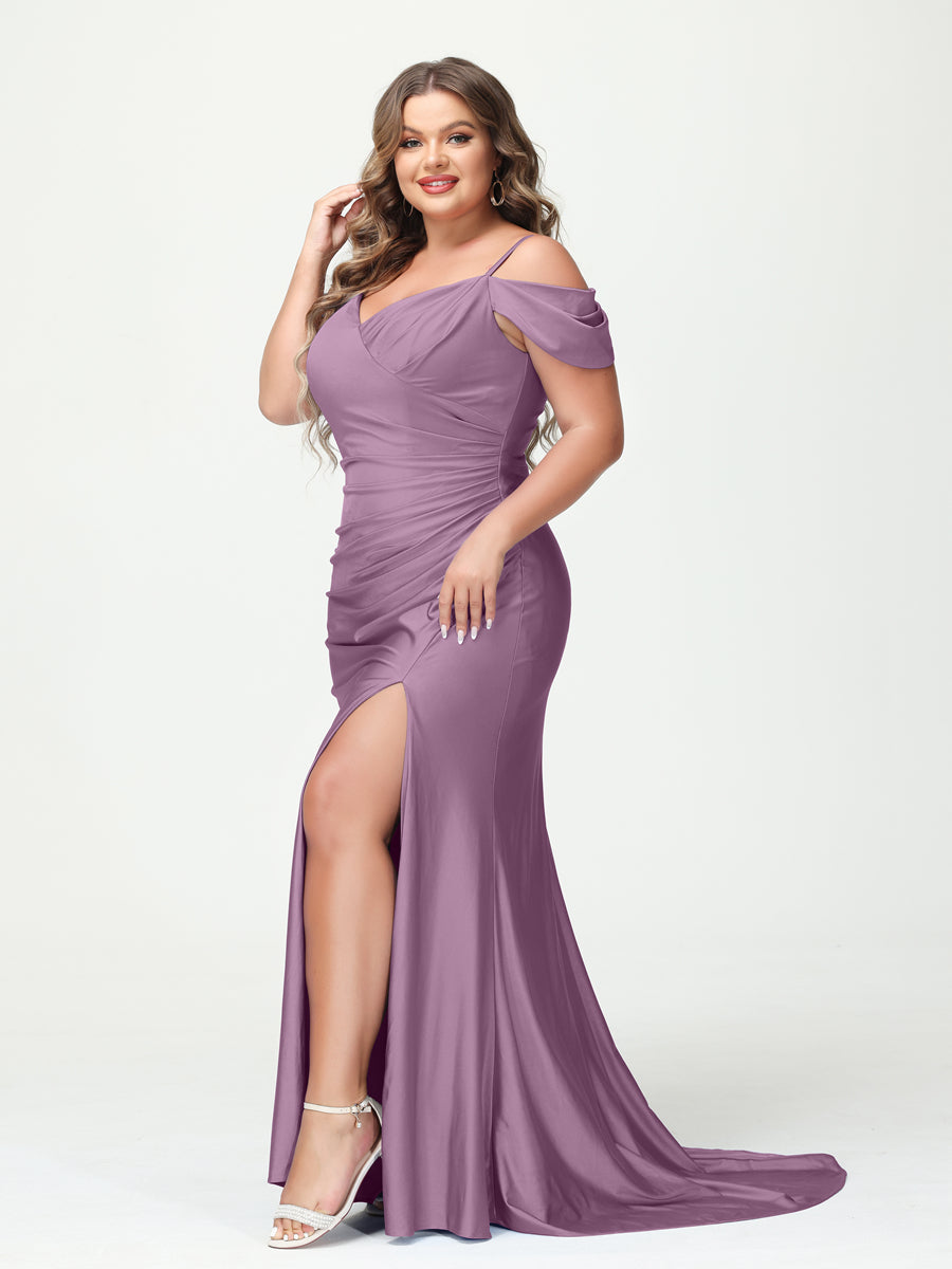 Mermaid Spaghetti Straps V Neck Short Sleeves Plus Size Maxi Dresses Split Side