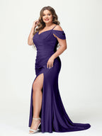 Mermaid Spaghetti Straps V Neck Short Sleeves Plus Size Maxi Dresses Split Side