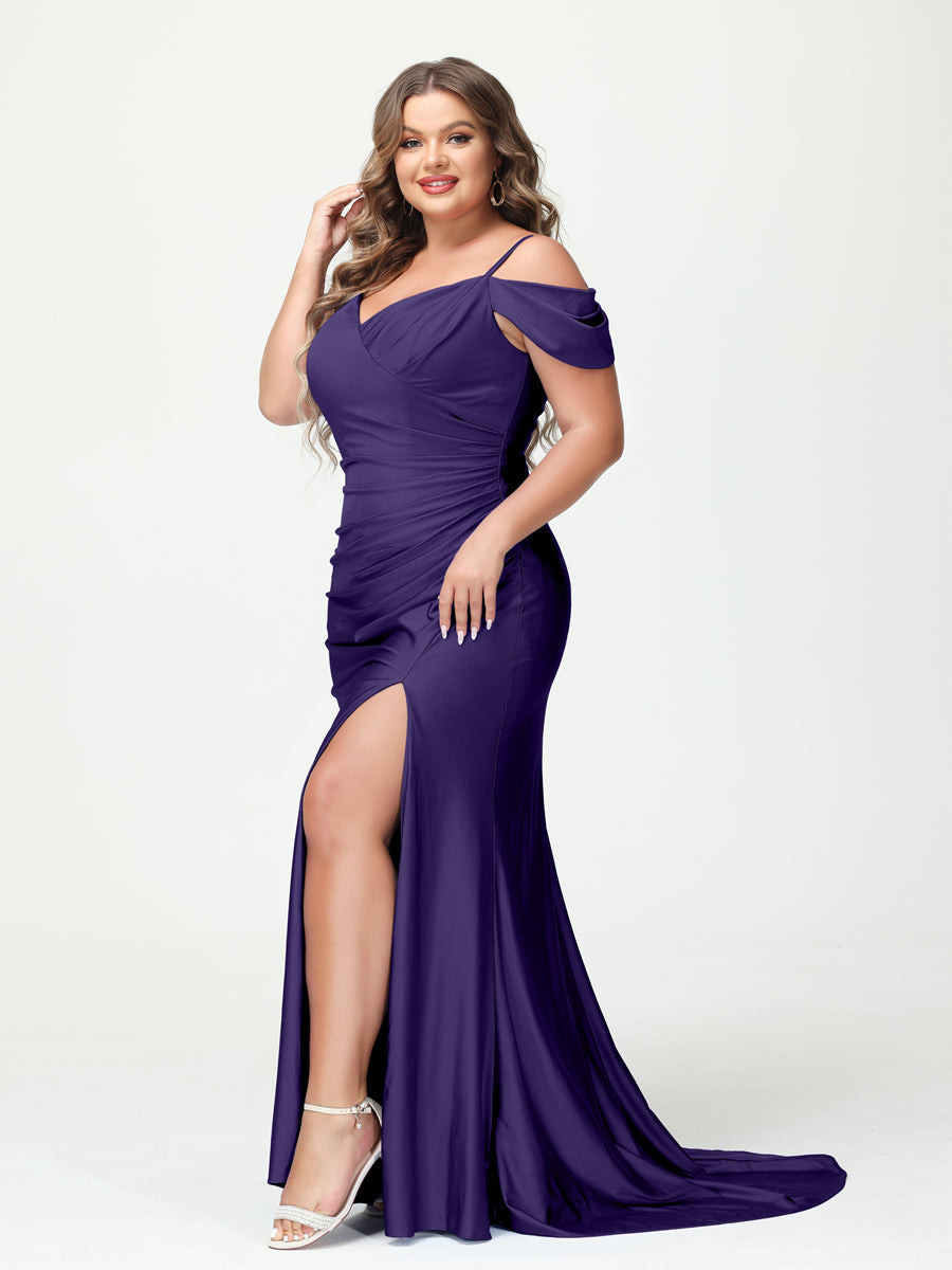 Mermaid Spaghetti Straps V Neck Short Sleeves Plus Size Maxi Dresses Split Side