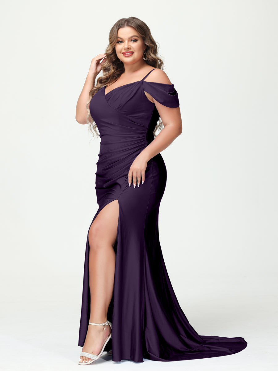 Mermaid Spaghetti Straps V Neck Short Sleeves Plus Size Maxi Dresses Split Side