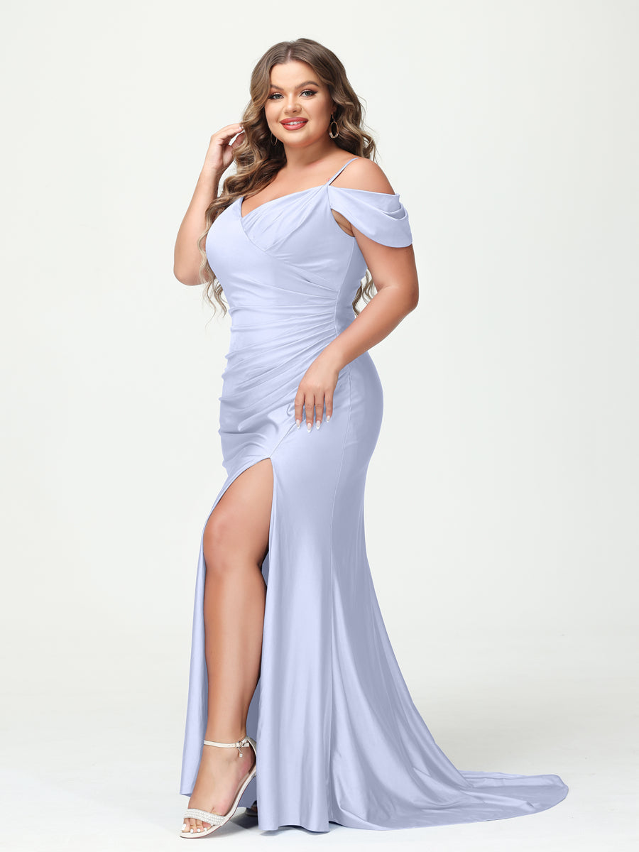 Mermaid Spaghetti Straps V Neck Short Sleeves Plus Size Maxi Dresses Split Side