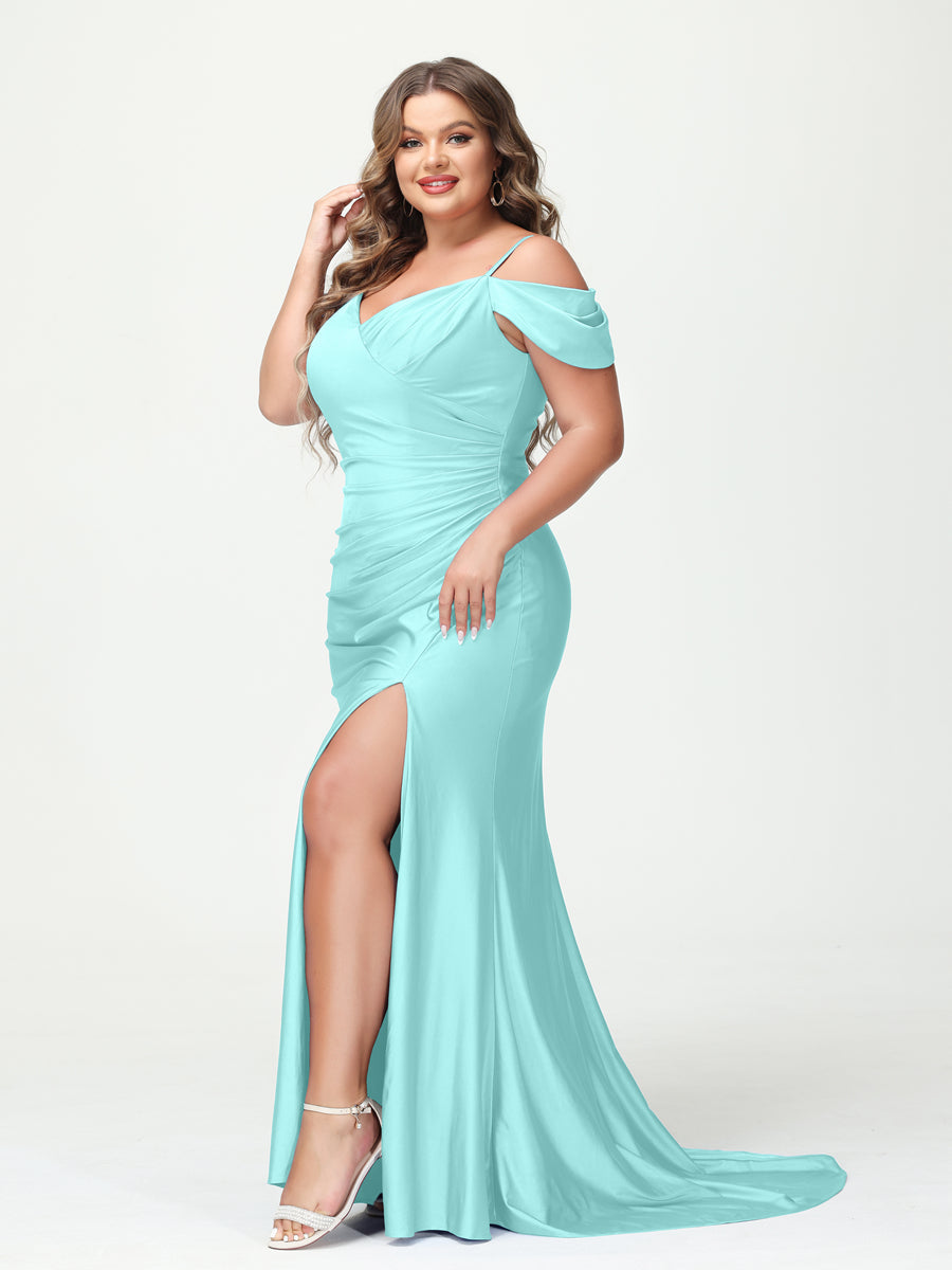 Mermaid Spaghetti Straps V Neck Short Sleeves Plus Size Maxi Dresses Split Side