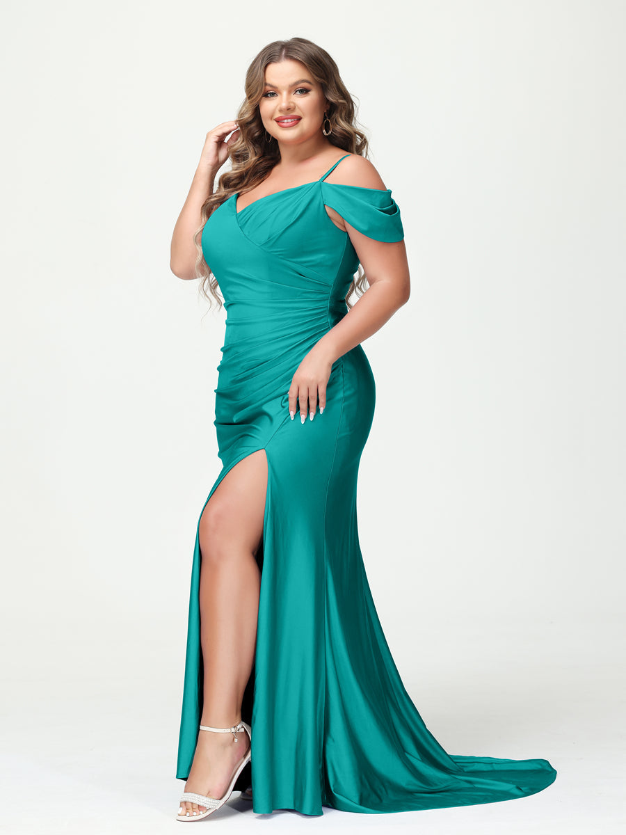 Mermaid Spaghetti Straps V Neck Short Sleeves Plus Size Maxi Dresses Split Side