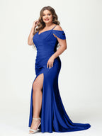 Mermaid Spaghetti Straps V Neck Short Sleeves Plus Size Maxi Dresses Split Side