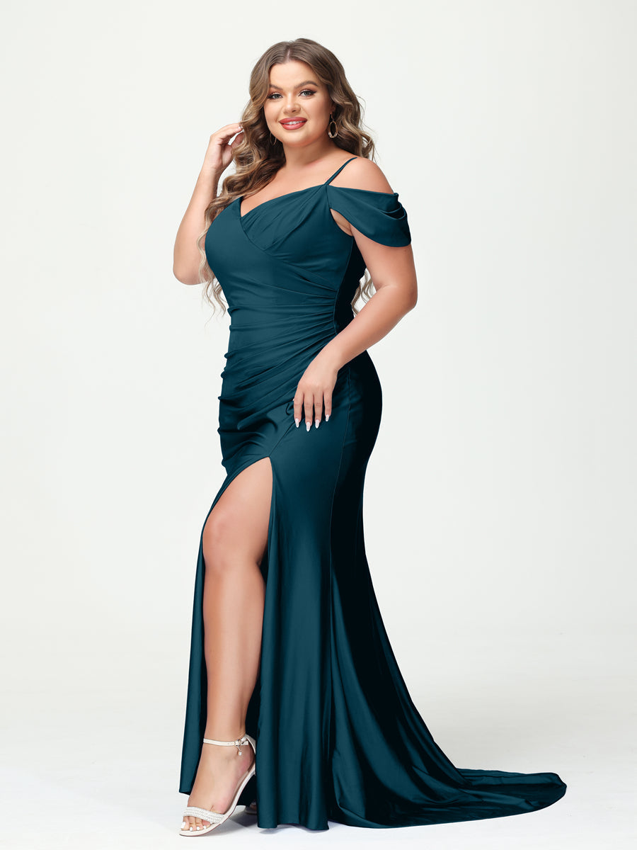 Mermaid Spaghetti Straps V Neck Short Sleeves Plus Size Maxi Dresses Split Side
