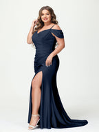 Mermaid Spaghetti Straps V Neck Short Sleeves Plus Size Maxi Dresses Split Side