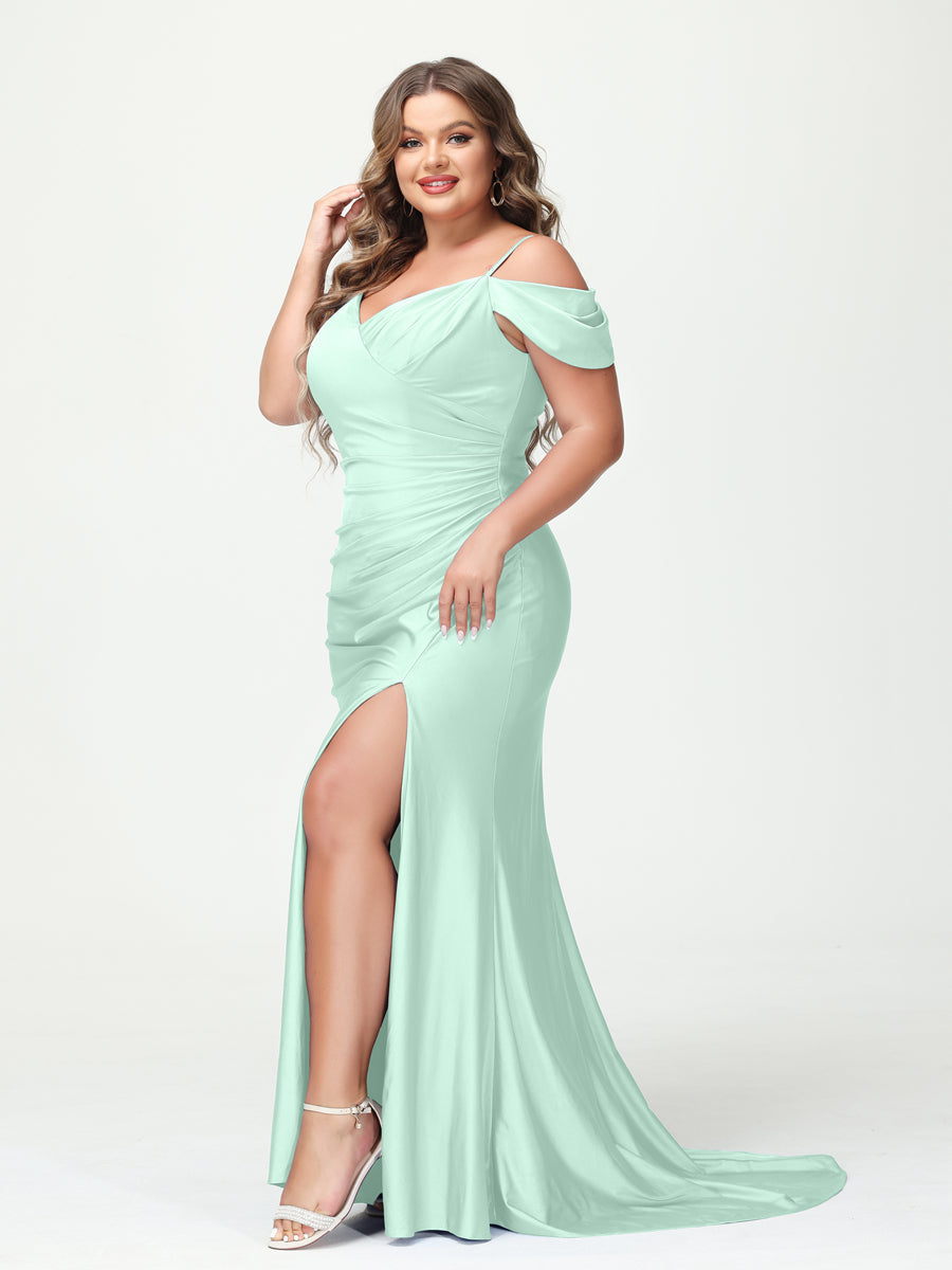 Mermaid Spaghetti Straps V Neck Short Sleeves Plus Size Maxi Dresses Split Side