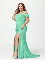 Mermaid Spaghetti Straps V Neck Short Sleeves Plus Size Maxi Dresses Split Side