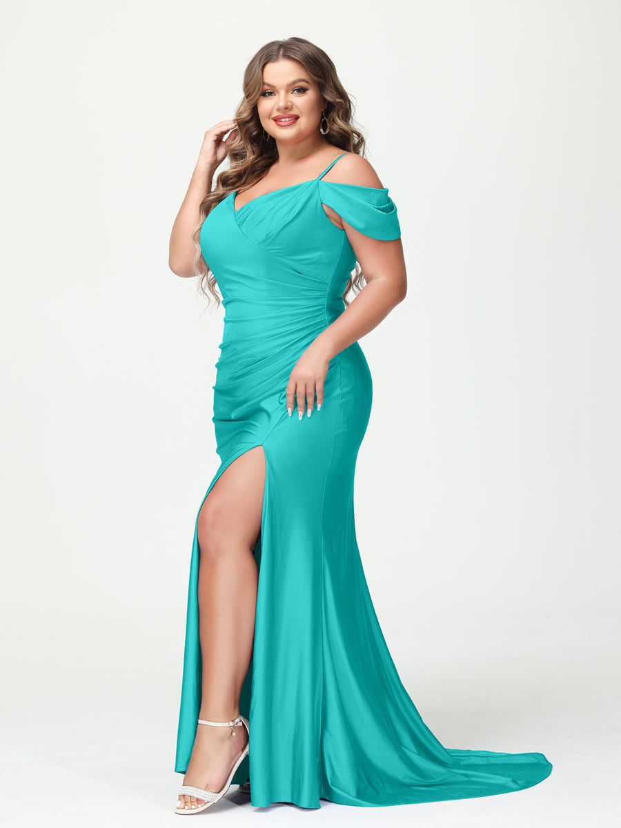 Mermaid Spaghetti Straps V Neck Short Sleeves Plus Size Maxi Dresses Split Side