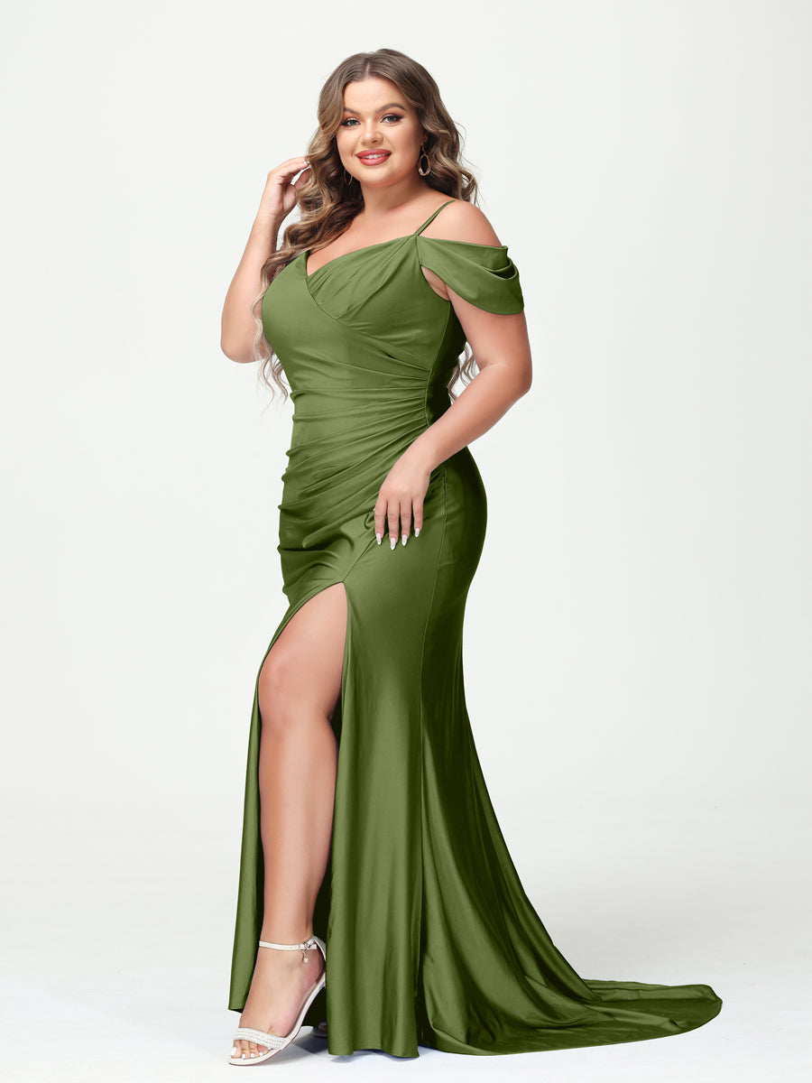 Mermaid Spaghetti Straps V Neck Short Sleeves Plus Size Maxi Dresses Split Side