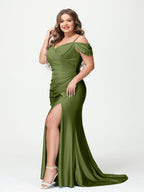 Mermaid Spaghetti Straps V Neck Short Sleeves Plus Size Maxi Dresses Split Side