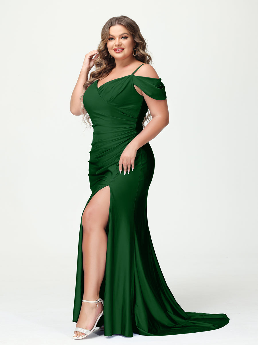 Mermaid Spaghetti Straps V Neck Short Sleeves Plus Size Maxi Dresses Split Side