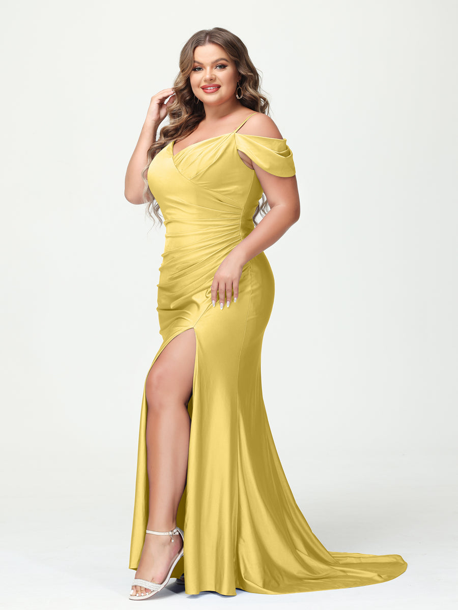 Mermaid Spaghetti Straps V Neck Short Sleeves Plus Size Maxi Dresses Split Side