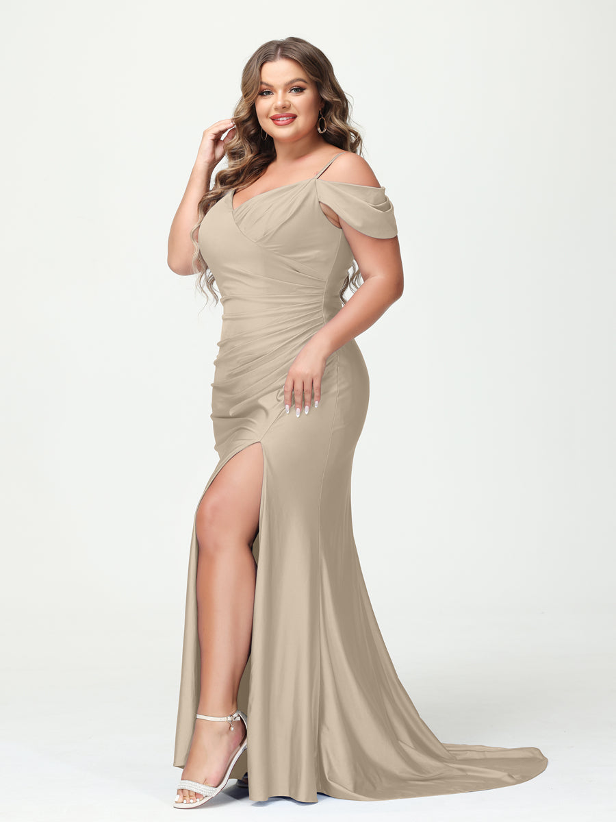 Mermaid Spaghetti Straps V Neck Short Sleeves Plus Size Maxi Dresses Split Side